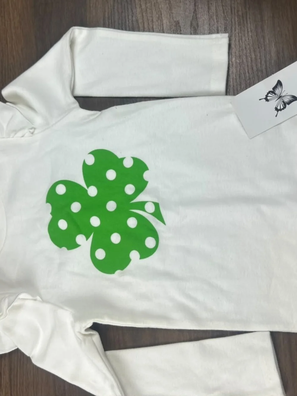 Kids White Long-Sleeve Top with Green Polka Dot Clover